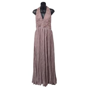 Marineblu Women's Medium Halter Maxi Dress Lace V-neck Top Mauve Pink Open Back